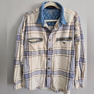 VTG 90s Fryday Club Plaid Shirt Denim Collar Long Sleeve Button Up